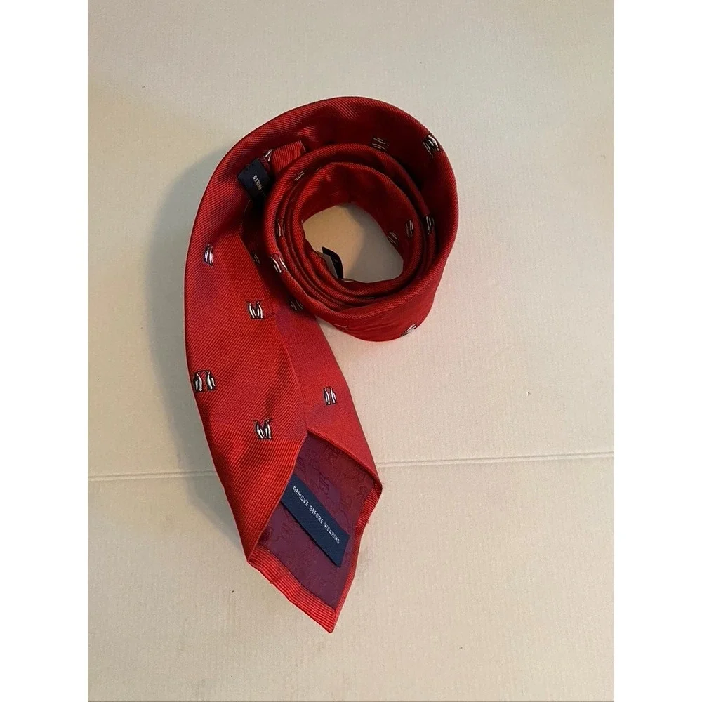 Banana Republic Mens Red Silk Necktie Penguin Animal Print Embroidered Turkey